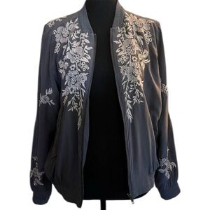 Johnny Was Grey Silk Bomber Jacket with White Floral Embroidery EUC